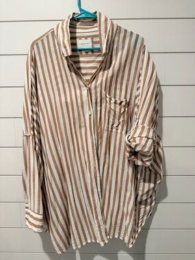 American Eagle Outfitters Beige & White Striped Button-Down Shirt